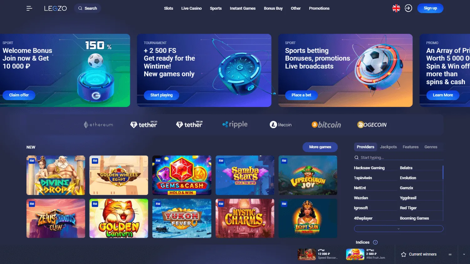 Legzo Casino home page on desktop