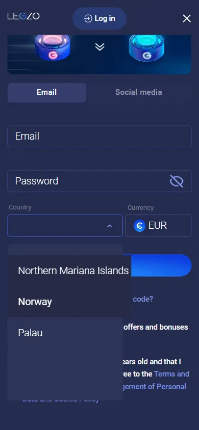 Legzo Casino home page on a mobile device